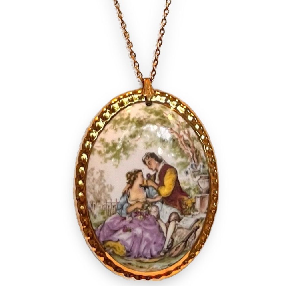 Vintage Fragonard Courting Couple Porcelain Necklace- Hand-Painted Scene